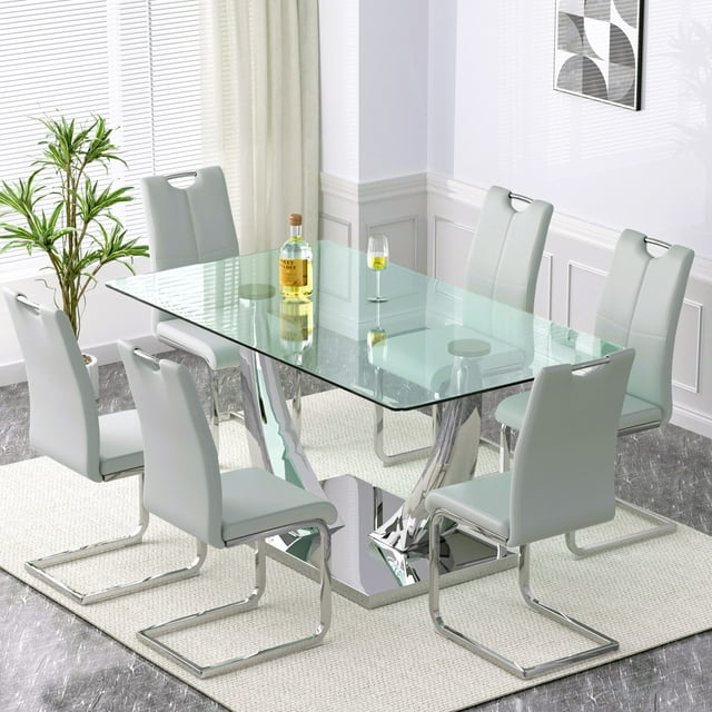 Sumdeal 63" Glass Dining Table Set for 6,Silver Dining Room Table Set