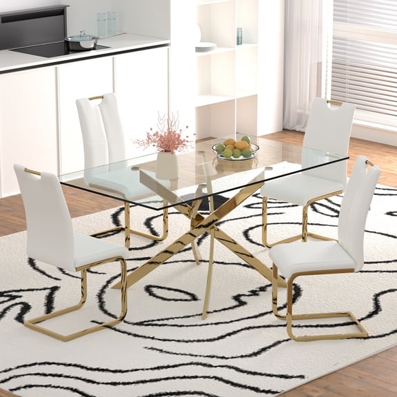 Sumdeal 63" Glass Dining Table Set for 4,Golden Base Dining Room Table with 4 Golden Leg C Shape Chairs,White