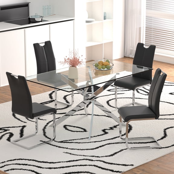 Sumdeal 63" Glass Dining Table Set for 4,Silver Base Dining Room Table with 4 Silver Leg C Shape Chairs,Black