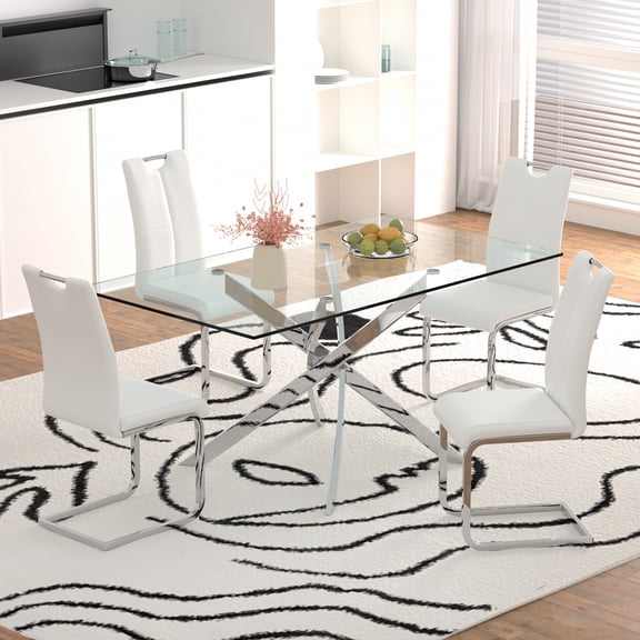 Sumdeal 63" Glass Dining Table Set for 4,Silver Base Dining Room Table with 4 Silver Leg C Shape Chairs,White