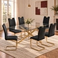 thumbnail image 1 of Sumdeal 63" Glass Dining Table Set for 6,Gold Base Dining Room Table with 6 Gold Leg C Shape Chairs, 1 of 9