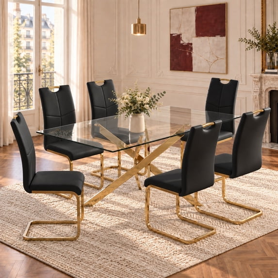 Sumdeal 63" Glass Dining Table Set for 6,Gold Base Dining Room Table with 6 Gold Leg C Shape Chairs
