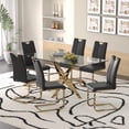thumbnail image 1 of Sumdeal 63" Glass Dining Table Set for 6,Gold Base Dining Room Table with 6 Gold Leg C Shape Chairs, 1 of 9