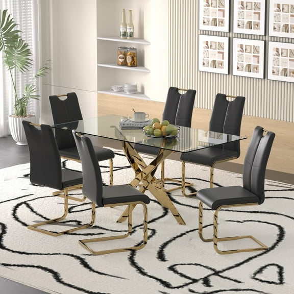 Sumdeal 63" Glass Dining Table Set for 6,Gold Base Dining Room Table with 6 Gold Leg C Shape Chairs