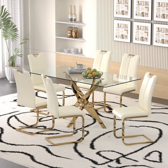Sumdeal 63" Glass Dining Table Set for 6,Gold Base Dining Room Table with 6 Gold Leg C Shape Chairs