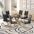 thumbnail image 1 of Sumdeal 63" Glass Dining Table Set for 6,Gold Base Dining Room Table with 6 Gold Leg C Shape Chairs, 1 of 7