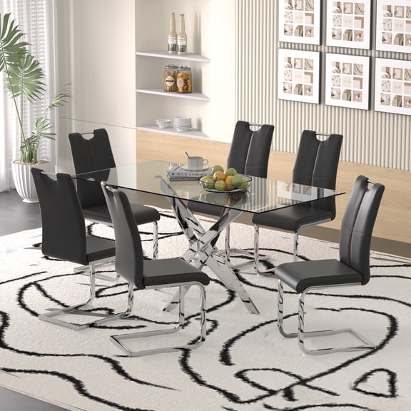 Sumdeal 63" Glass Dining Table Set for 6,Silver Base Dining Room Table with 6 Silver Leg C Shape Chairs