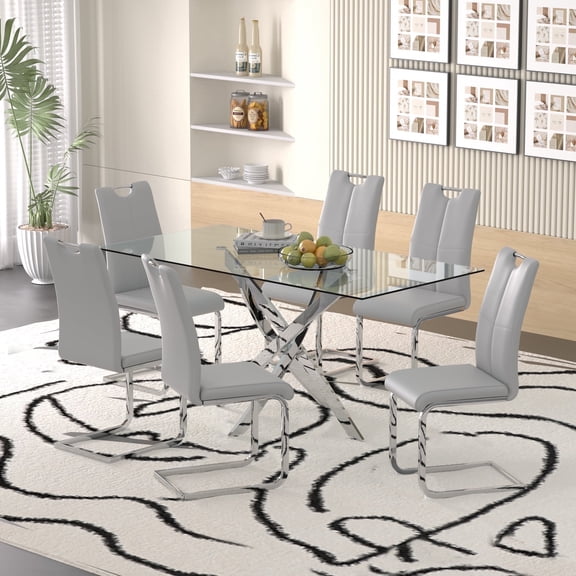 Sumdeal 63" Glass Dining Table Set for 6,Silver Base Dining Room Table with 6 Silver Leg C Shape Chairs