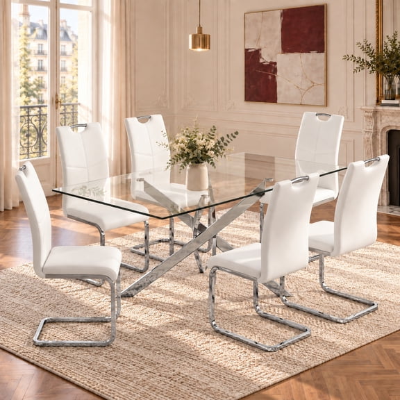 Sumdeal 63" Glass Dining Table Set for 6,Silver Base Dining Room Table with 6 Silver Leg C Shape Chairs