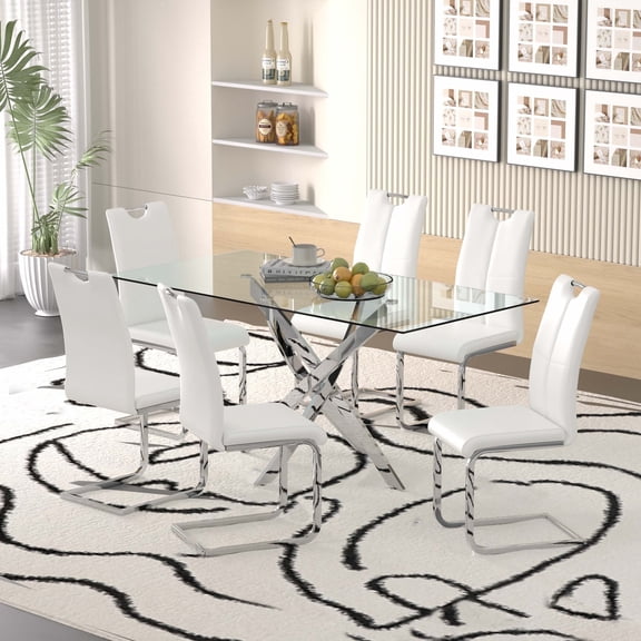 Sumdeal 63" Glass Dining Table Set for 6,Silver Base Dining Room Table with 6 Silver Leg C Shape Chairs