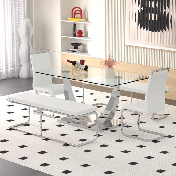 Sumdeal 63" Glass Dining Table with 2 chairs and 2 Benches,White