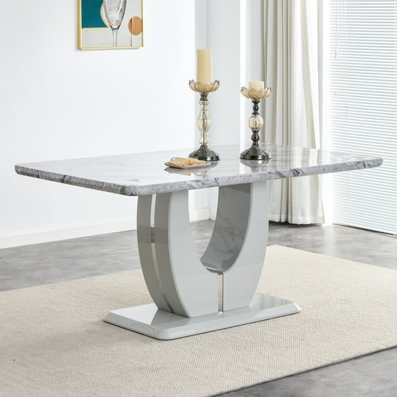 Sumdeal 63" Long Dining Table for 4-6 Modern Faux Marble Dining Table with U-Shape Pedestal Base Mid-Century Rectangle Kitchen Dinner Table,Gray,U shape,63Inch