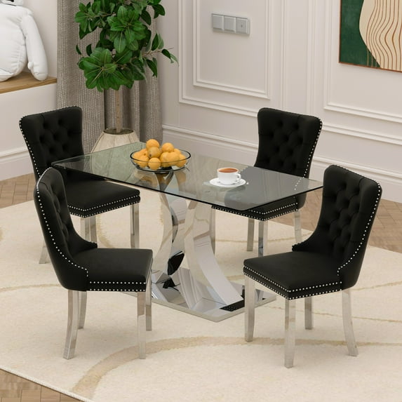 Sumdeal 63" Luxury X-shape Glass Dining Table Room Set for 4,Modern Rectangle Dining Room Table with 4 Velvet Black Dining Chairs with Silver Leg