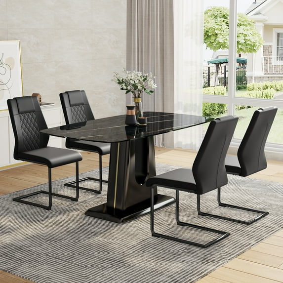 Sumdeal 63" Modern Dining Room Set for 4,Kitchen Table with 4 PU Chairs,5 Pieces Dining Table Sets for 4,MDF Table and 4 PU leather C-shape Leg Chairs,Black Table and 4 Black Leg Black Chairs