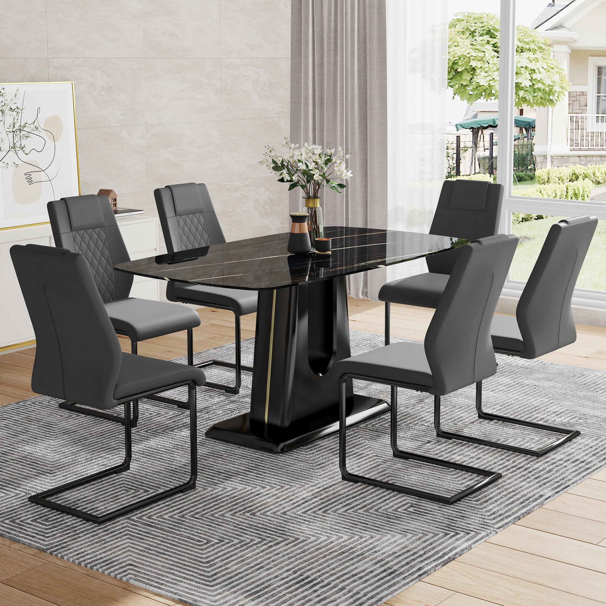 Sumdeal 63" Modern Dining Room Set for 6,Kitchen Table with 6 PU Chairs ...