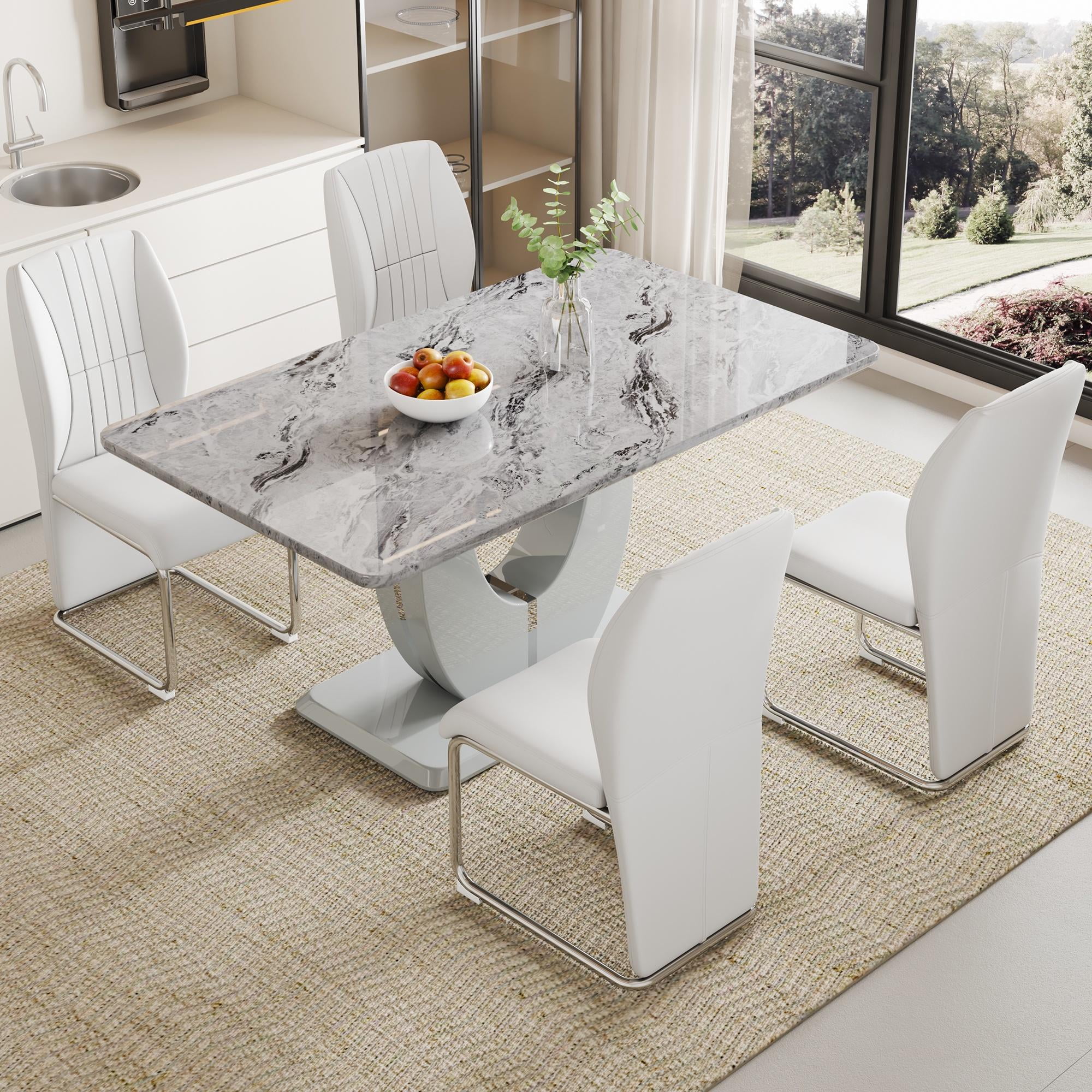 Sumdeal 63" Modern Dining Table Sets for 4,Gray Table and 4 White ...