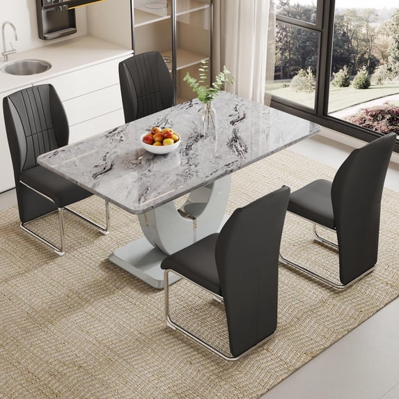 Sumdeal 63" Modern Dining Table and Chairs Set for 4,Gray Table and 4 Black Chairs