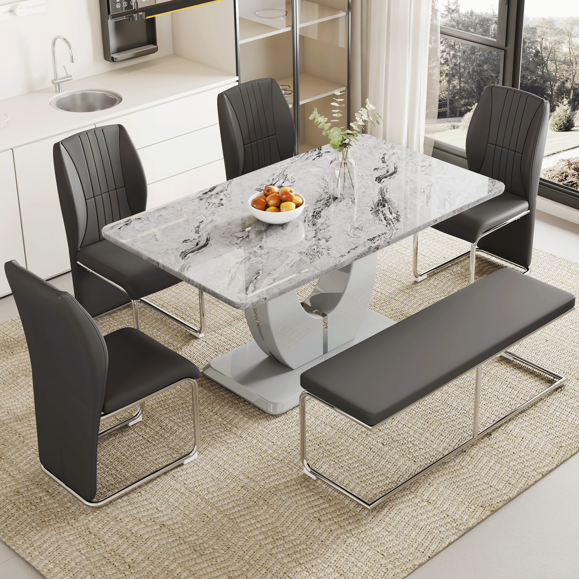 Sumdeal Modern Dining Room Table & Chair Set for 6 with Bench - Kitchen ...