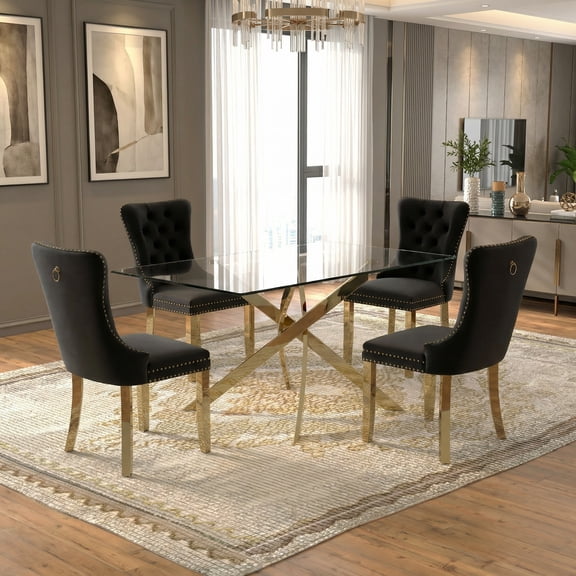 Sumdeal 63" Modern Glass Dining Table Room Sets for 4,Dining Table with 4 Velvet Dining Chairs,Glass Table with 4 Black Dining Chairs with Golden Leg