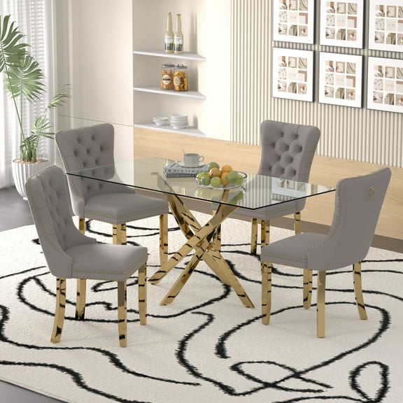 Sumdeal 63" Modern Glass Dining Table Room Sets for 4,Dining Table with 4 Velvet Dining Chairs,Glass Table with 4 Gray Dining Chairs with Golden Leg