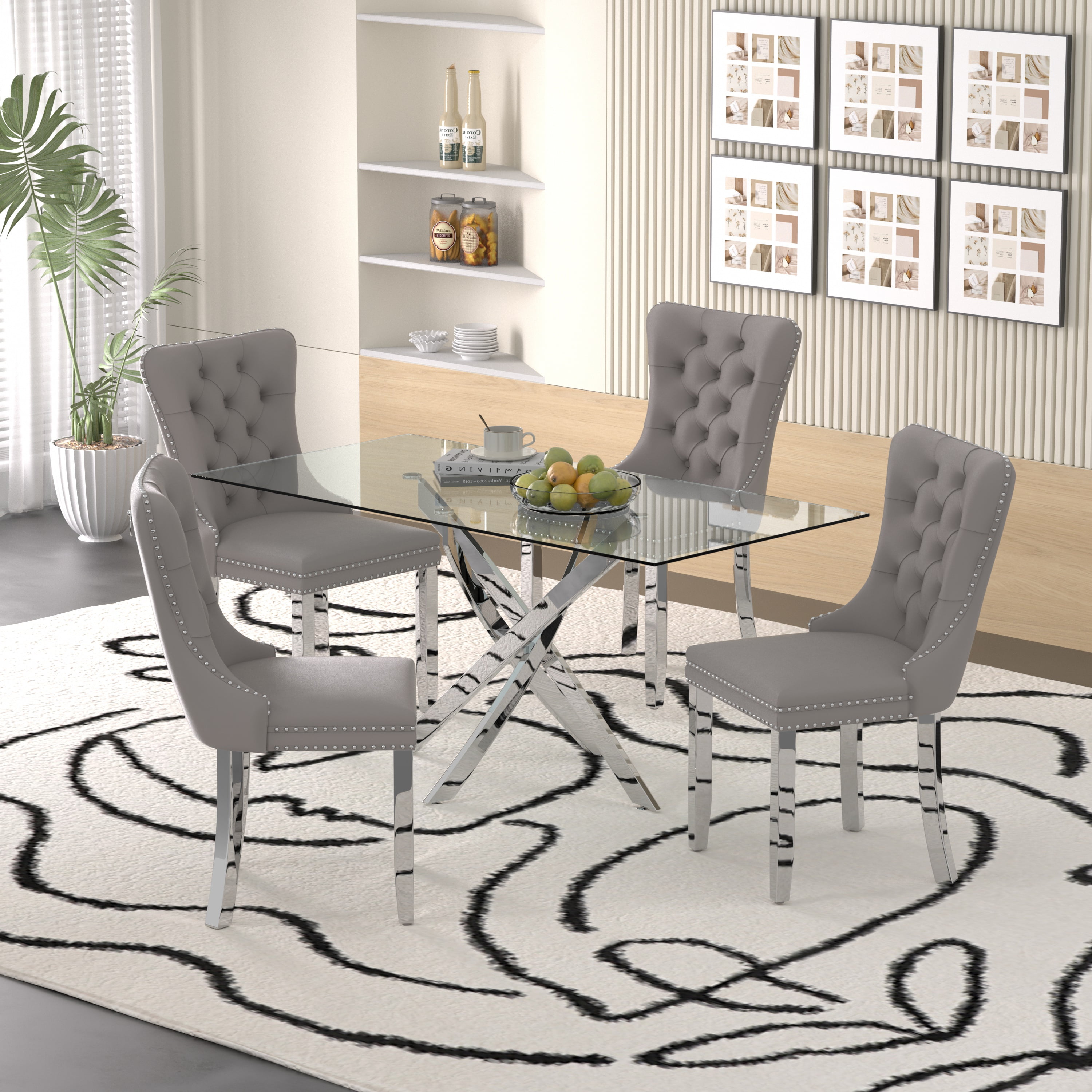 Sumdeal 63" Modern Glass Dining Table Room Sets for 4,Dining Table with ...