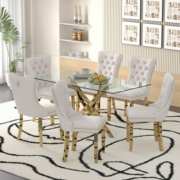 Sumdeal 63" Modern Glass Dining Table Room Sets for 6,Dining Table with 6 Velvet Dining Chairs,Glass Table with 6 Beige Dining Chairs with Golden Leg