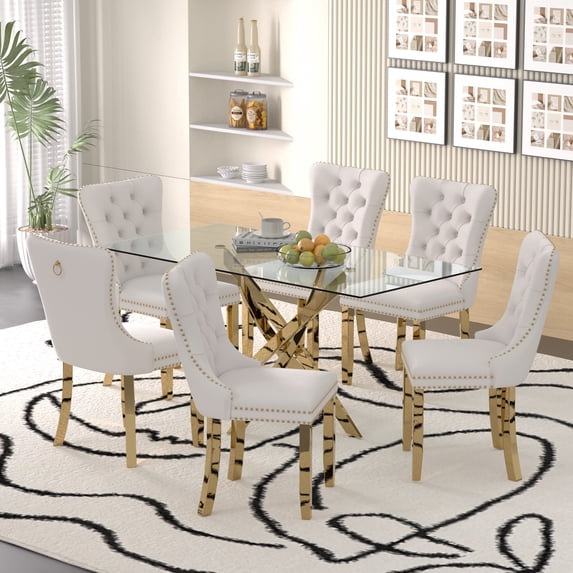 Sumdeal 7-Piece Dining Set, 63 in Glass Dining Table with 6 Beige Velvet Chairs, Gold Legs