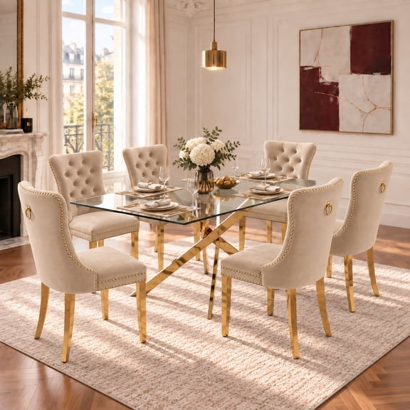 Sumdeal 7-Piece Dining Set, 63 in Glass Dining Table with 6 Beige Velvet Chairs, Gold Legs