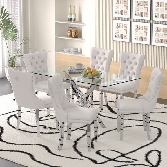 Sumdeal 63" Modern Glass Dining Table Room Sets for 6,Dining Table with 6 Velvet Dining Chairs,Glass Table with 6 Beige Dining Chairs with Silver Leg
