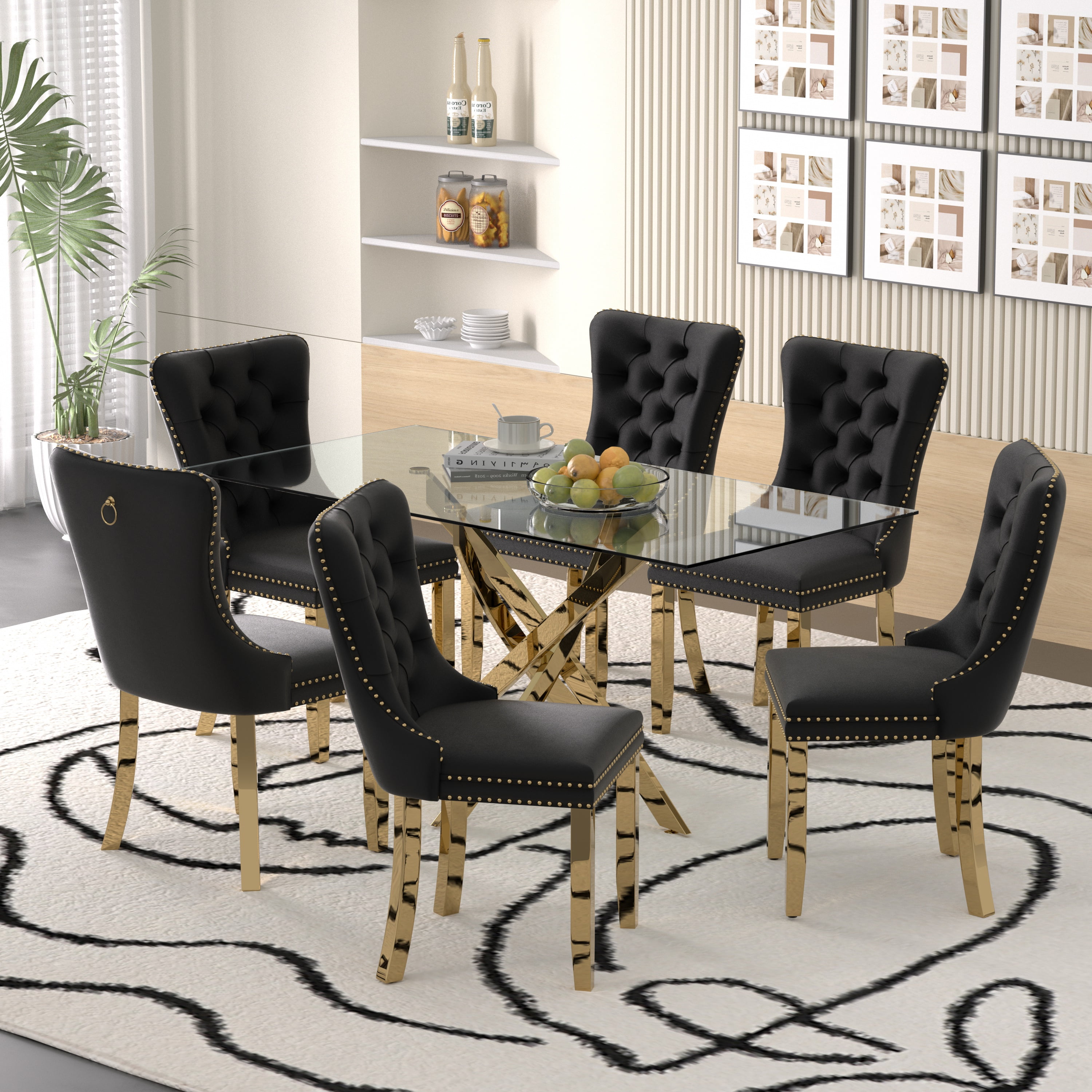 Sumdeal 63" Modern Glass Dining Table Room Sets for 6,Dining Table with 6 Velvet Dining Chairs,Glass Table with 6 Black Dining Chairs with Golden Leg