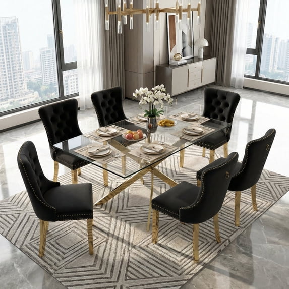 Sumdeal 7-Piece Dining Set, 63 in Glass Dining Table with 6 Black Velvet Chairs, Gold Legs