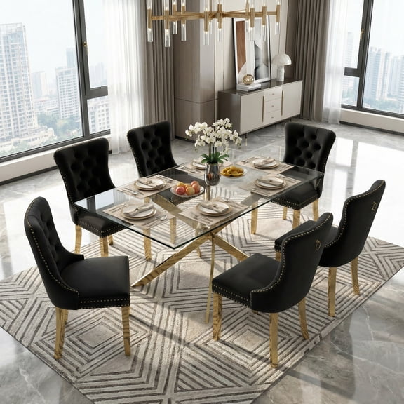 Sumdeal 63" Modern Glass Dining Table Room Sets for 6,Dining Table with 6 Velvet Dining Chairs,Glass Table with 6 Black Dining Chairs with Golden Leg