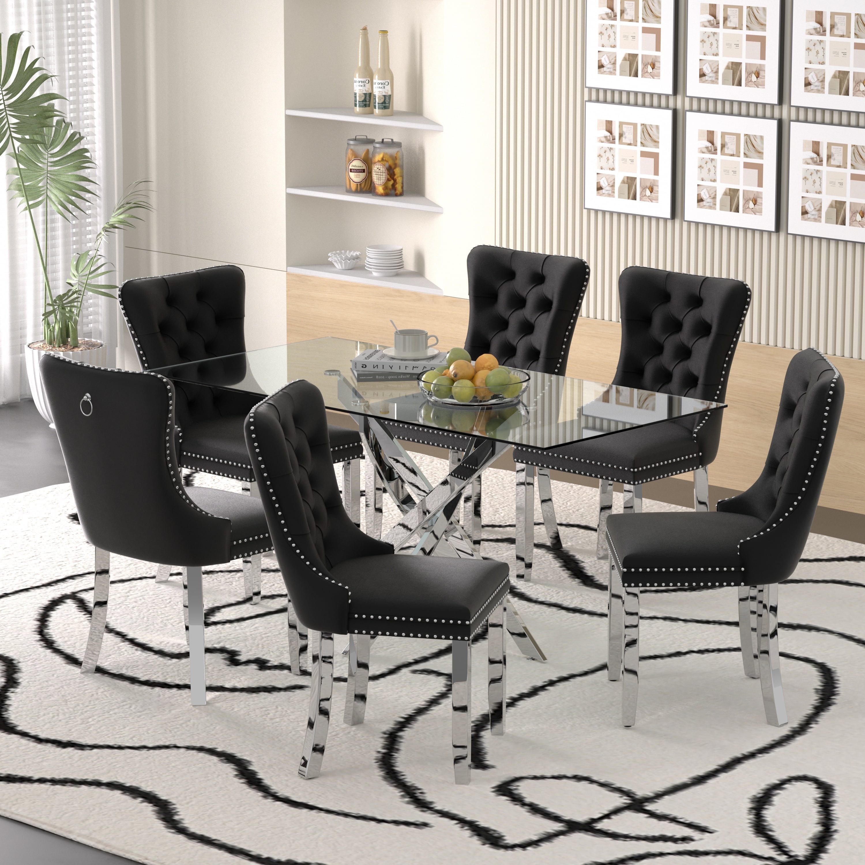 Sumdeal 63" Modern Glass Dining Table Room Sets for 6,Dining Table with ...
