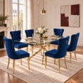 thumbnail image 1 of Sumdeal 63" Modern Glass Dining Table Room Sets for 6,Dining Table with 6 Velvet Dining Chairs,Glass Table with 6 Blue Dining Chairs with Golden Leg, 1 of 9