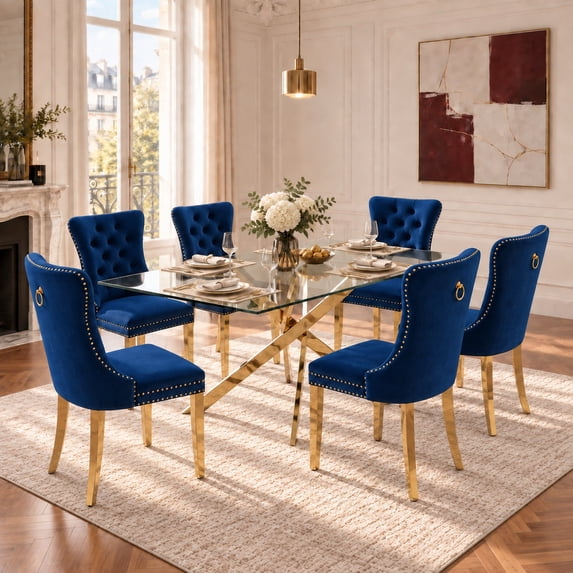 Sumdeal 63" Modern Glass Dining Table Room Sets for 6,Dining Table with 6 Velvet Dining Chairs,Glass Table with 6 Blue Dining Chairs with Golden Leg