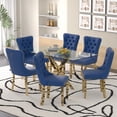 thumbnail image 1 of Sumdeal 63" Modern Glass Dining Table Room Sets for 6,Dining Table with 6 Velvet Dining Chairs,Glass Table with 6 Blue Dining Chairs with Golden Leg, 1 of 7