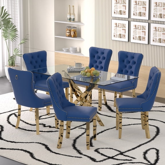 Sumdeal 63" Modern Glass Dining Table Room Sets for 6,Dining Table with 6 Velvet Dining Chairs,Glass Table with 6 Blue Dining Chairs with Golden Leg