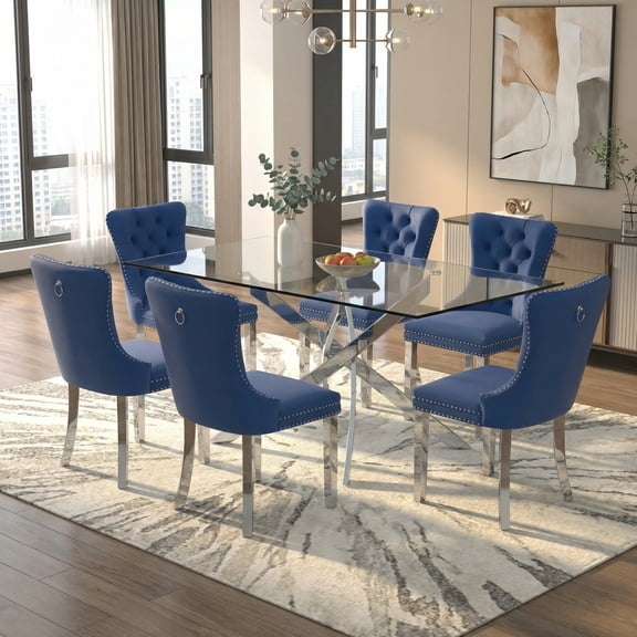 Sumdeal 63" Modern Glass Dining Table Room Sets for 6,Dining Table with 6 Velvet Dining Chairs,Glass Table with 6 Blue Dining Chairs with Silver Leg