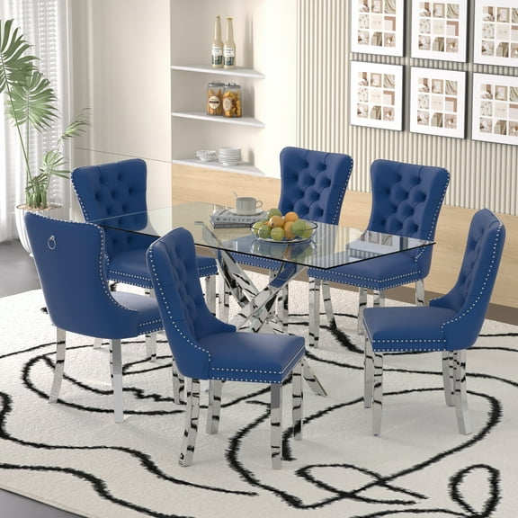 Sumdeal 63" Modern Glass Dining Table Room Sets for 6,Dining Table with 6 Velvet Dining Chairs,Glass Table with 6 Blue Dining Chairs with Silver Leg