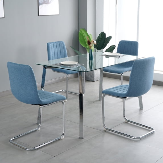 Sumdeal 63" Modern Minimalist Glass Dining Table Set for 4,Rectangular Dining Table and 4 Chairs,Blue