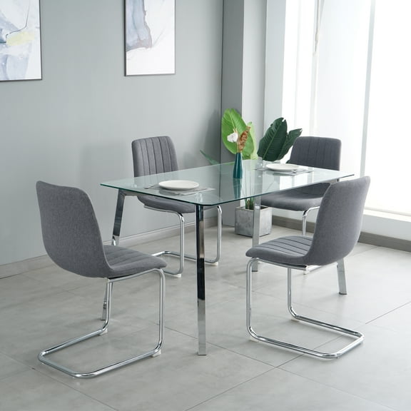 Sumdeal 63" Modern Minimalist Glass Dining Table Set for 4,Rectangular Dining Table and 4 Chairs,Gray