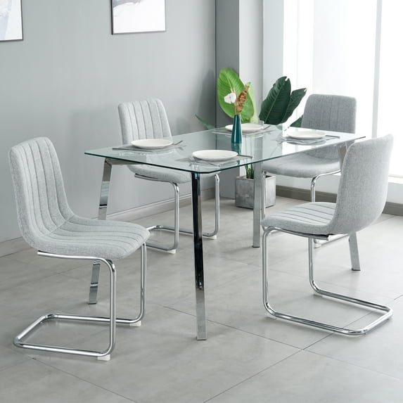 Sumdeal 63" Modern Minimalist Glass Dining Table Set for 4,Rectangular Dining Table and 4 Chairs,Light Gray