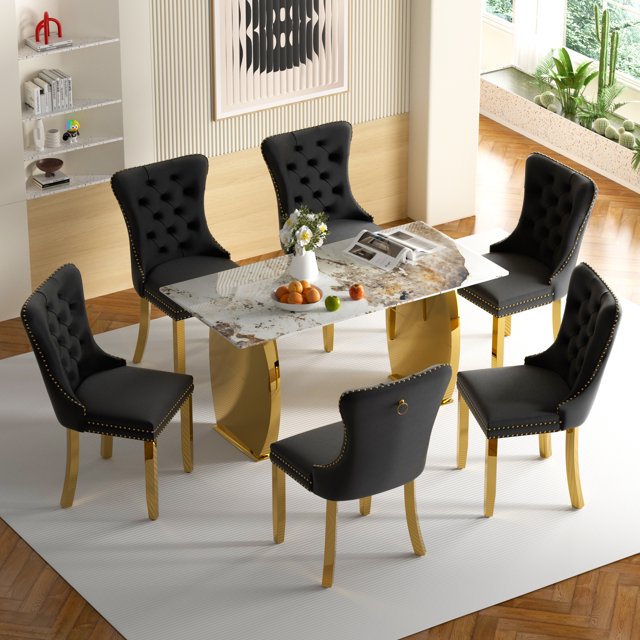 Sumdeal 63" Modern Sintered Stone Dining Table with 6 Velvet Dining
