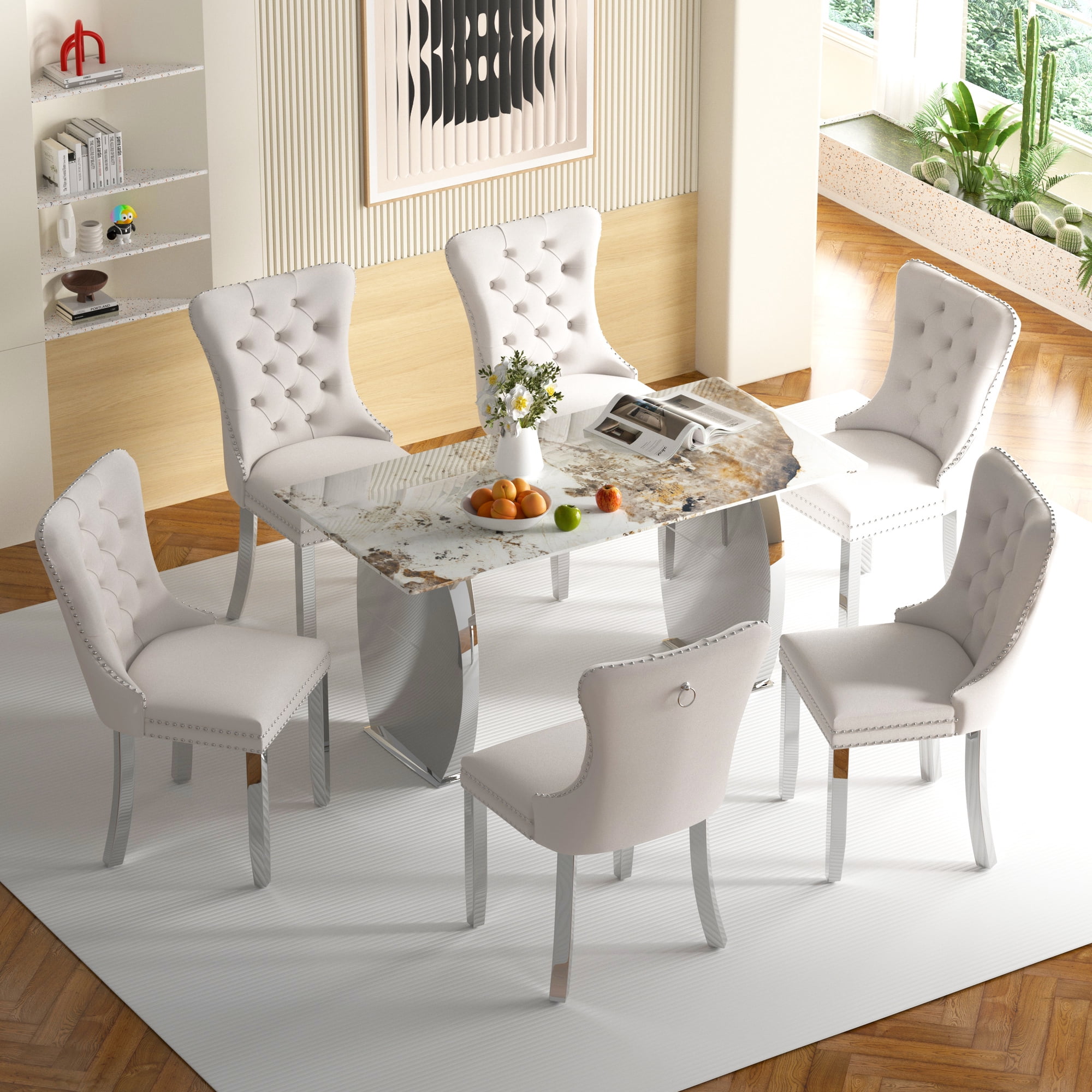 Sumdeal 63" Modern Sintered Stone Dining Table with 6 Velvet Dining ...