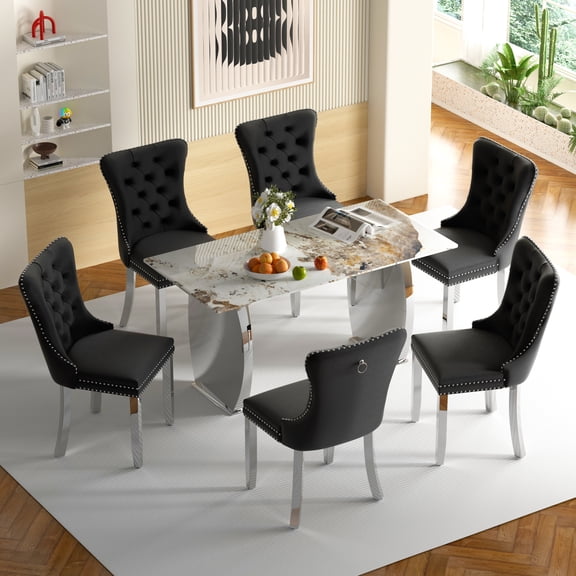 Sumdeal 63" Modern Sintered Stone Dining Table with 6 Velvet Dining Chairs,White pattened Table with Silver Leg,6 Black Chairs