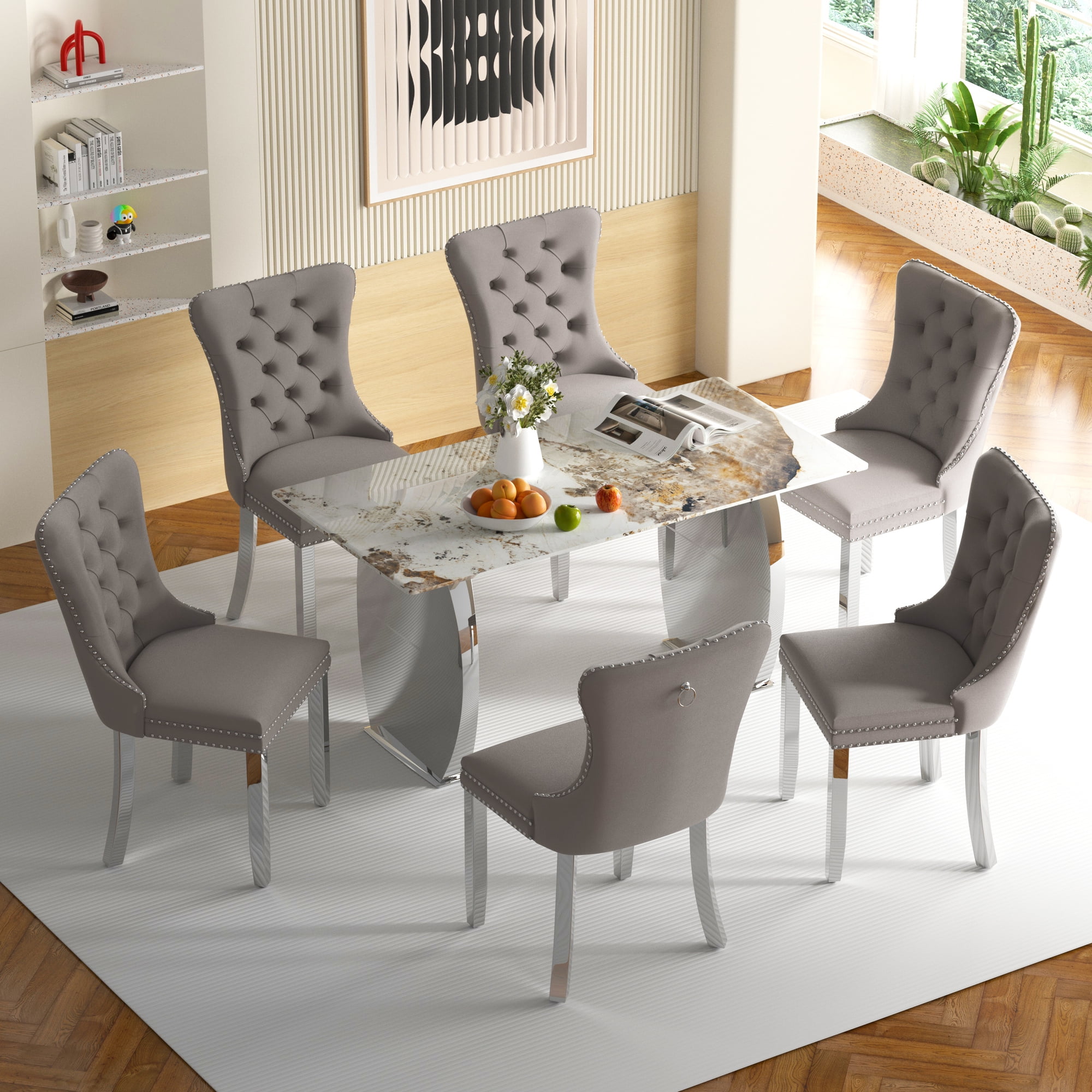 Sumdeal 63" Modern Sintered Stone Dining Table with 6 Velvet Dining ...