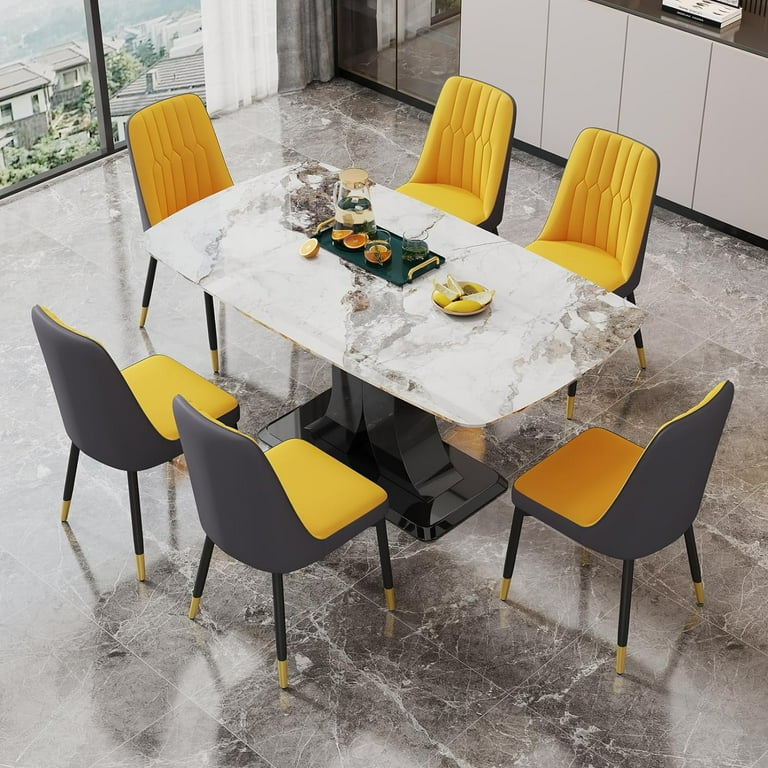 Sumdeal 63 Morden Faux Marble Dining Room Table Set Big Kitchen Dining Table for 6 8 with MDF Base 7 Piece Rectangle Dining Table Set 6 Pu Leather