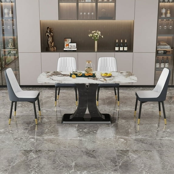 Sumdeal 63" Morden Faux Marble Dining Room Table Set,Big Kitchen Dining Table for 4-6 with MDF Base,5 Piece Rectangle Dining Table Set &4 Pu Leather Upholstered Chairs Ideal,white Grey,Set of 4