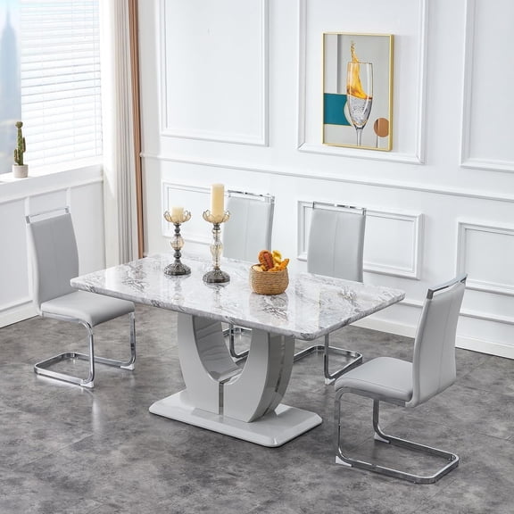Sumdeal Large Dining Table Set, 5-Piece Rectangle & 6 Upholstered Chairs - Light Gray, Set of 4