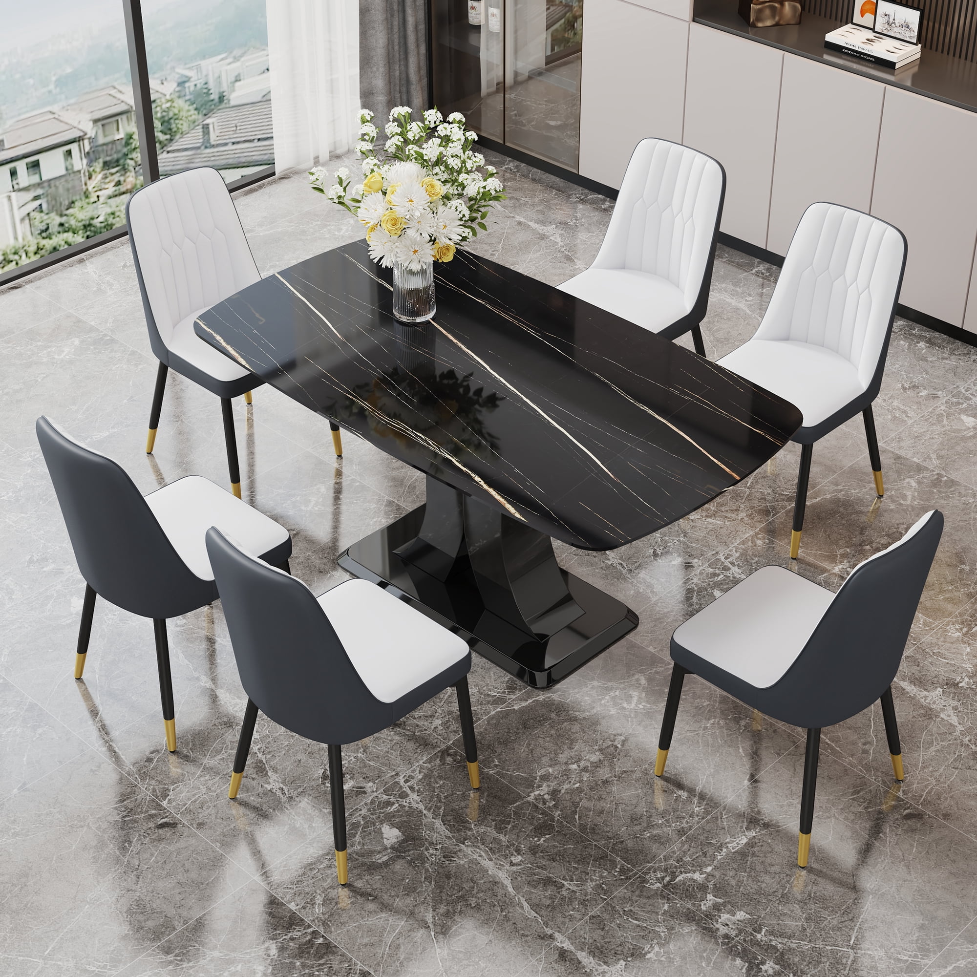 "Sumdeal 7 Piece Modern Faux Marble Dining Set, 63"" Table & 6 PU ...